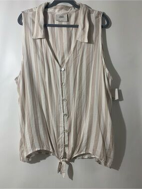 French Laundry Cream and Beige Striped Sleeveless Button-Front Top with Tie
